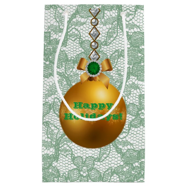 Green Faux Lace Gold Ball Ornament Jewel Small Gift Bag (Front)