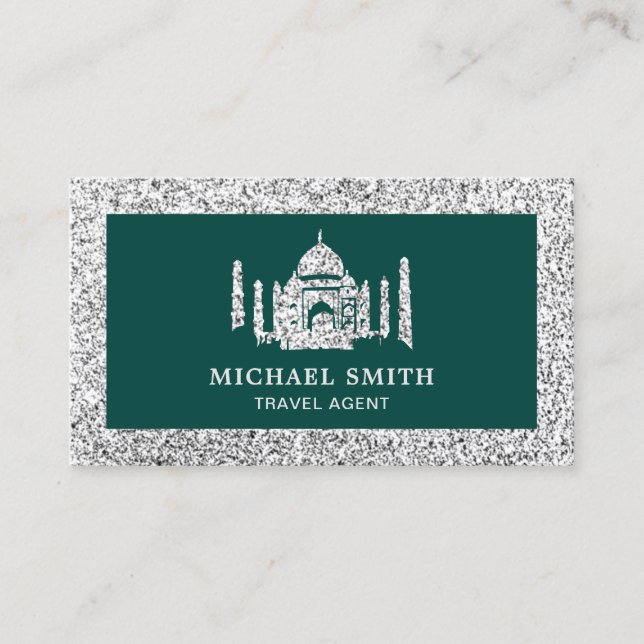 Green Faux Silver Glitter Taj Mahal Travel Agent Business Card (Front)