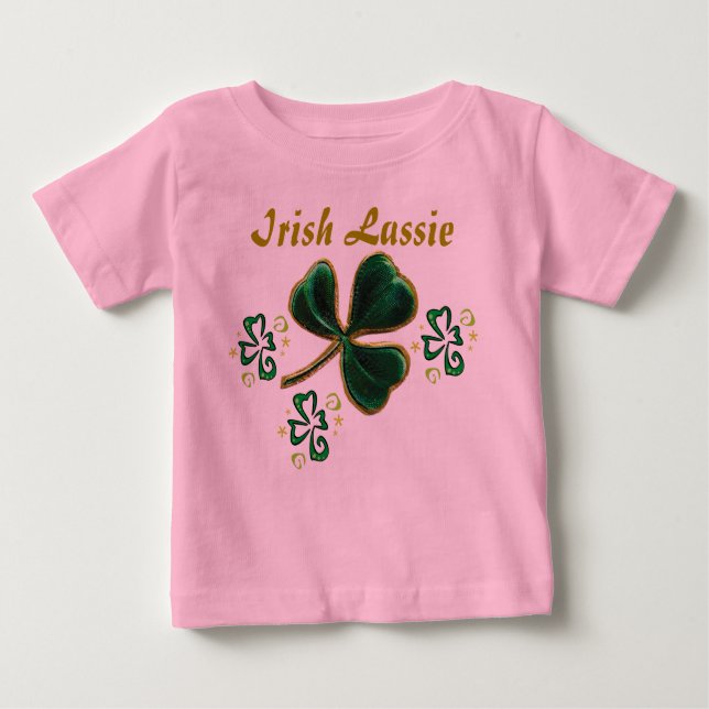 Green Faux Velvet Clover Irish Lassie Baby T-Shirt (Front)