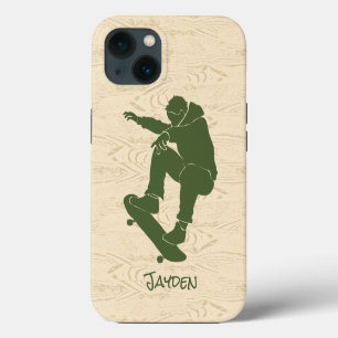 Green, Faux Woodgrain Skateboarder iPhone 13 Case