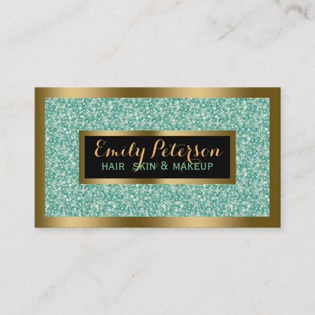 Green Fax Glitter Gold Accents Makeup Business Card (Front)