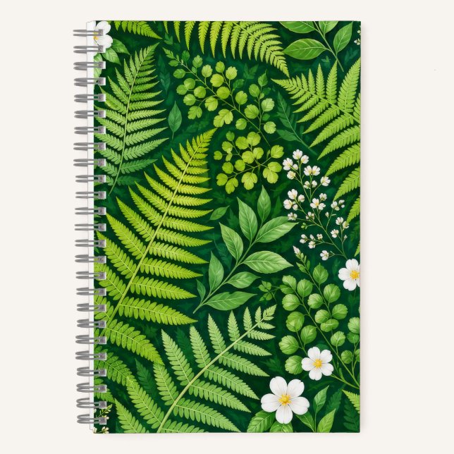 Green Fern and White Floral Botanical Notebook (Front)