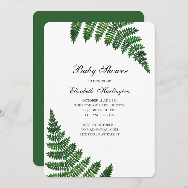 Green fern baby shower. Watercolor botanical Invitation (Front/Back)