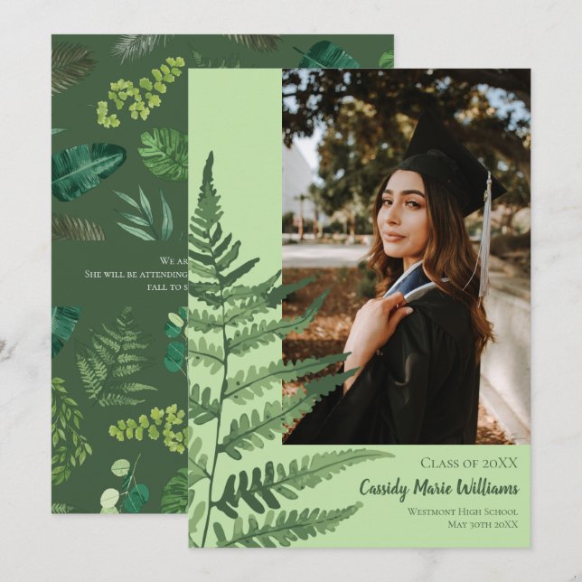 Green Fern Elegant Plants Graduation Announcement (Front/Back)