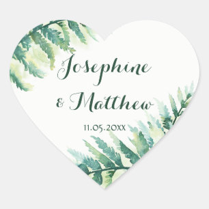 Green Fern Foliage Watercolor Wedding Heart Sticker