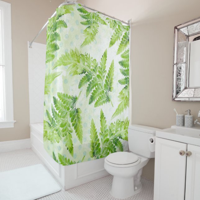 Green Fern Leaves Modern Botanical Watercolor Shower Curtain (In Situ)