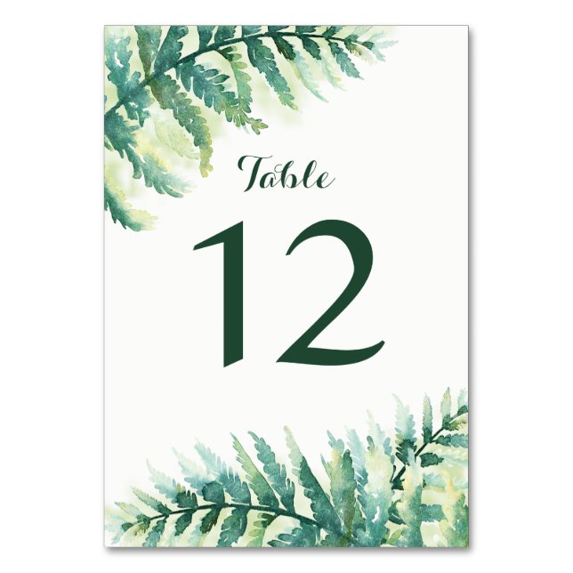 Green Fern Watercolor Wedding Table Number (Front)