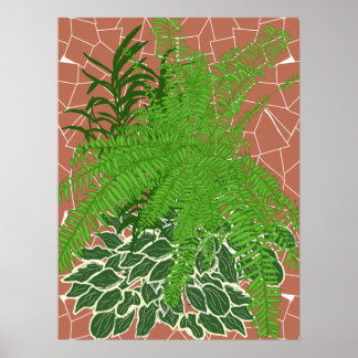 Green Ferns and Hostas on terracotta mosaic Poster