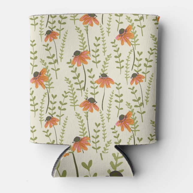 Green ferns, orange flowers, nature. can cooler (Front)
