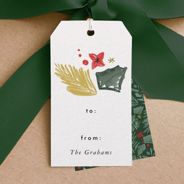 Green Festive Botanical Christmas Gift Tags (Festive botanical green golden watercolor Christmas gift tag.)