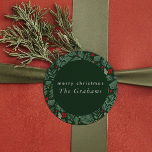 Green Festive Botanical Holiday Classic Round Sticker