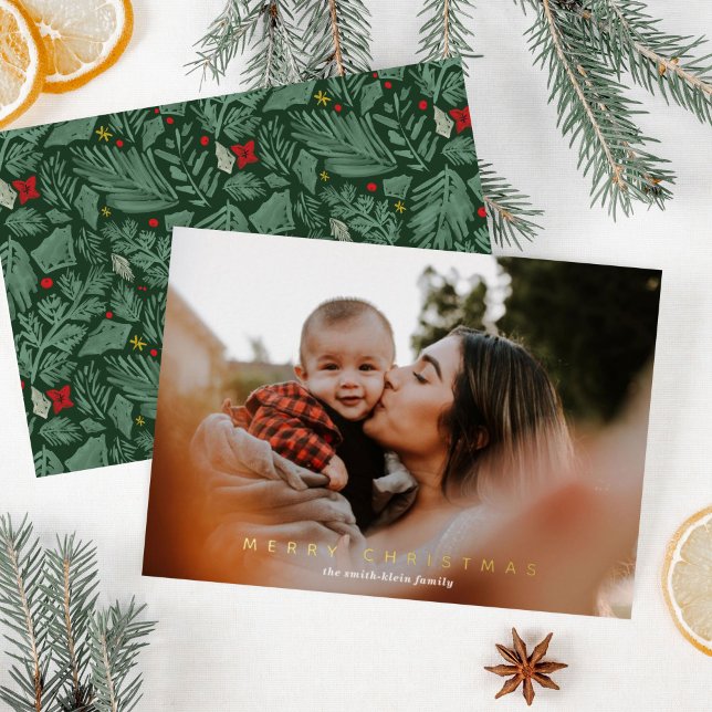 Green Festive Botanical Photo Gold (Gold foil Merry Christmas photo holiday card with festive botanical pattern on back.)