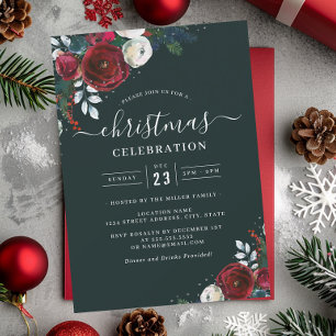 Green Festive Floral Red Christmas Party Invitation