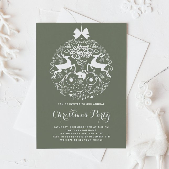 Green Festive Ornate Ornament Christmas Party Invitation (Taupe Green Festive Ornate Ornament Christmas Party Invitation)