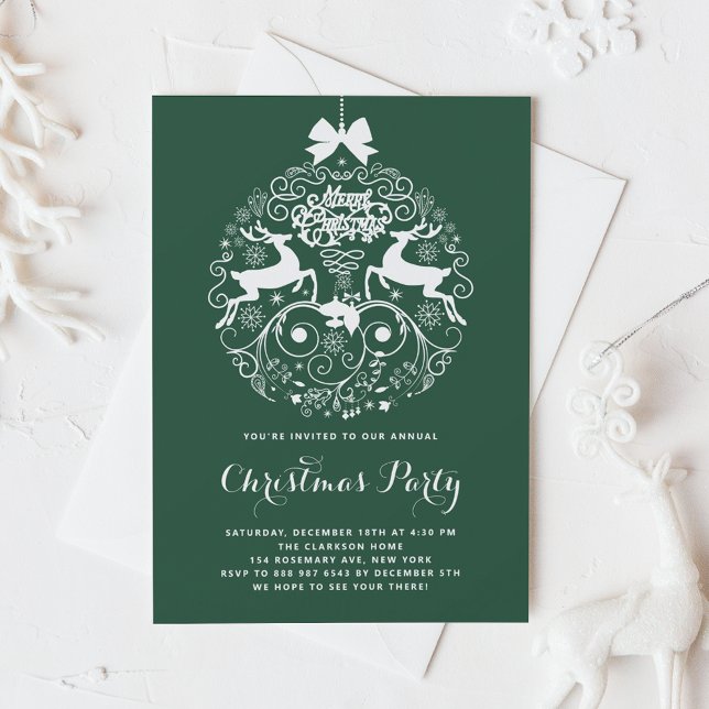 Green Festive Ornate Ornament Christmas Party Invitation (Creator Uploaded)