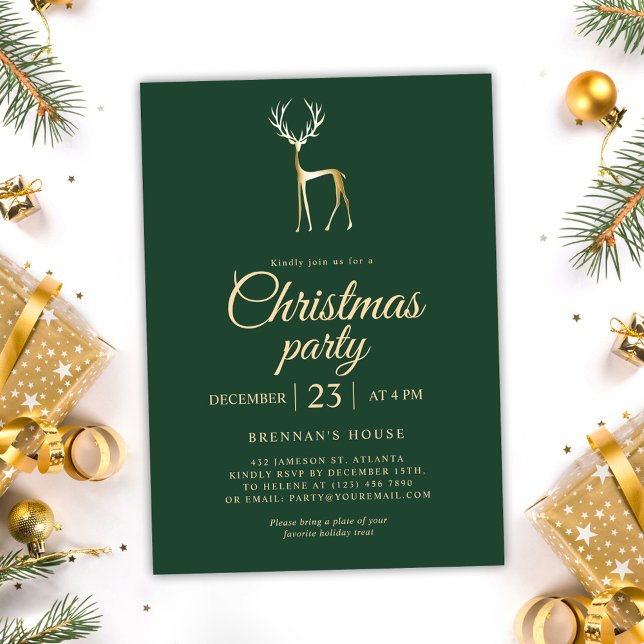 Green Festive Reindeer Elegant Christmas Party Invitation (Green Festive Reindeer Elegant Christmas Party Invitation)