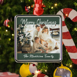 Green Festive Script Family Photo Merry Christmas  Metal Tree Decoration