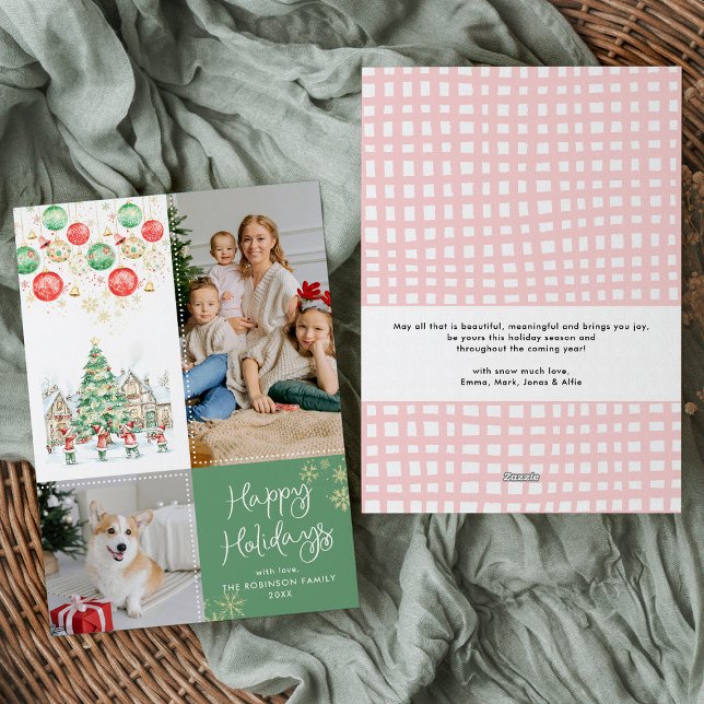 Green Festive Winter Scene Happy Holidays 2 Photo Holiday Card (Creator Uploaded)