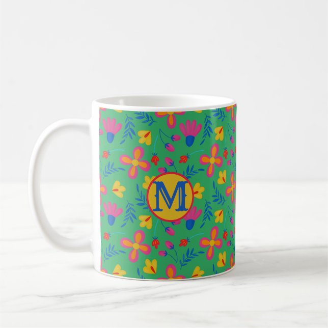 Green Fiesta Floral Customised Initial  Coffee Mug (Left)