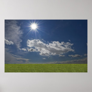 green filed, blue sky, white cloud poster