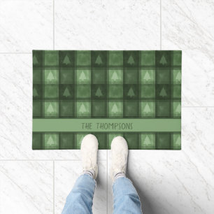Green Fir Trees Plaid With Custom Name Christmas Doormat