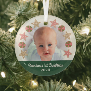Green First Christmas Photo Boy Baby Cookie Wreath Glass Tree Decoration
