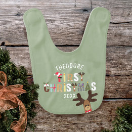 Green First Christmas Reindeer Holiday Baby Bib