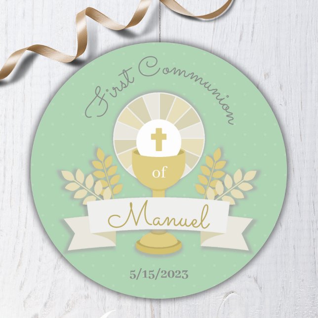 Green First Communion Classic Round Sticker (Creator Uploaded)