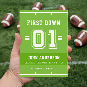 Green First Year Down Boy Football First Birthday Invitation
