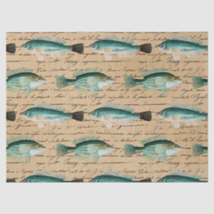 Green Fish and Cursive Writing on Tan Decoupage Tissue Paper