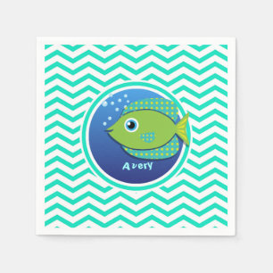 Green Fish; Aqua Green Chevron Napkin