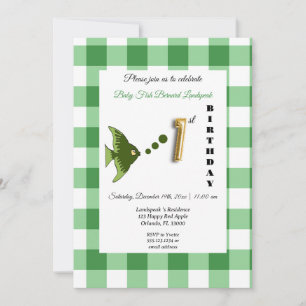 Green Fish & Gingham Gold Balloon 1st Birthday Invitation