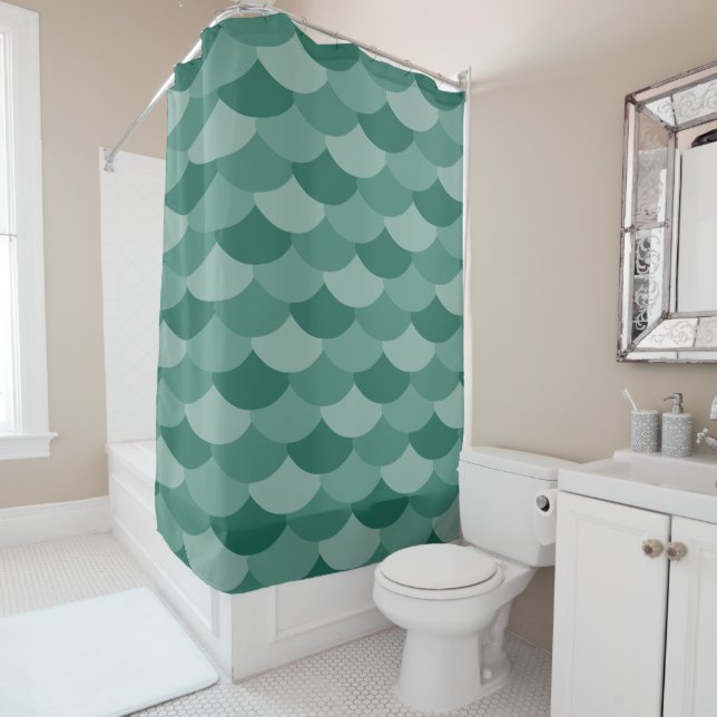 Green Fish Scales Print Shower Curtain (In Situ)