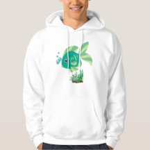 Green fish with bubbles and aquatic plants