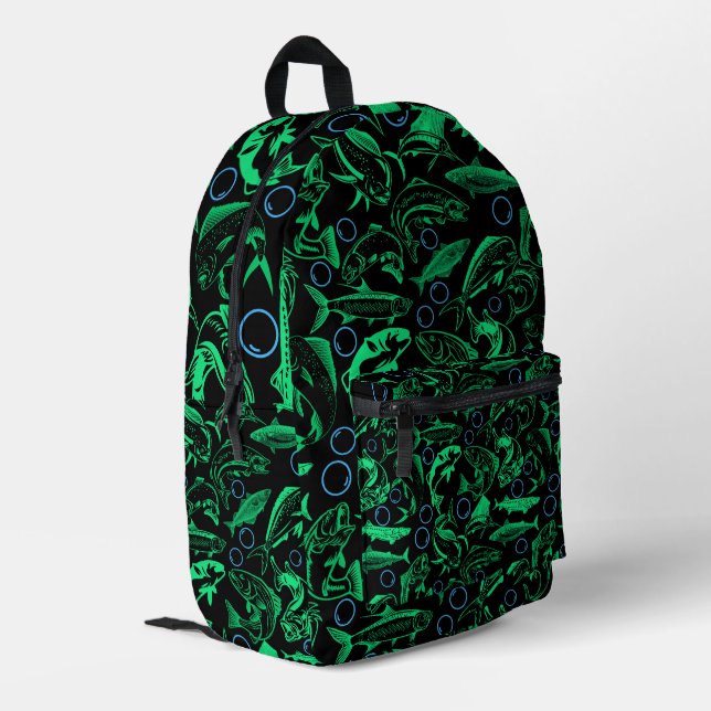Green Fishes Pattern 10.w Black BG Printed Backpack (Back Corner Left)