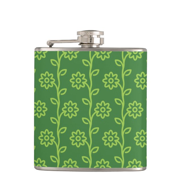Green Flat Flower Garden Pattern Hip Flask (Front)