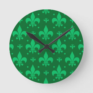 Green Fleur-de-lis Pattern Design Round Clock