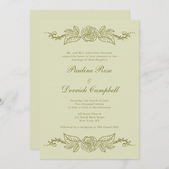 Green Fleurons Wedding Invitation (Front/Back)