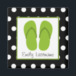Green Flip Flops / Black With White Polka Dots Magnet<br><div class="desc">A personalised magnet featuring an illustration of a pair of green flip flops inside a white square with green trim.  Background is black with white polka dots.</div>