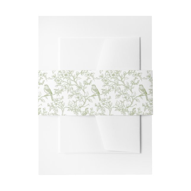 Green Floral and Birds Toile Invitation Belly Band (Front Example)