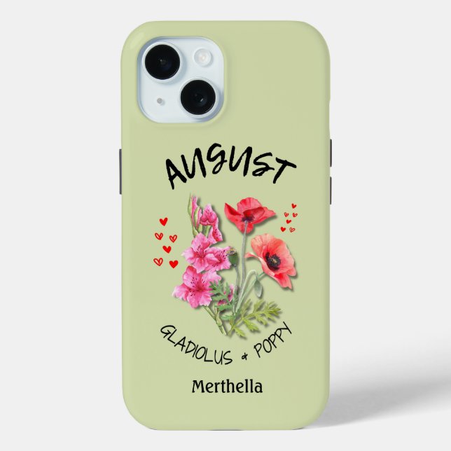Green Floral AUGUST Birth Month Flower Custom Name Case-Mate iPhone Case (Back)
