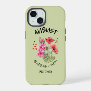 Green Floral AUGUST Birth Month Flower Custom Name iPhone 15 Case