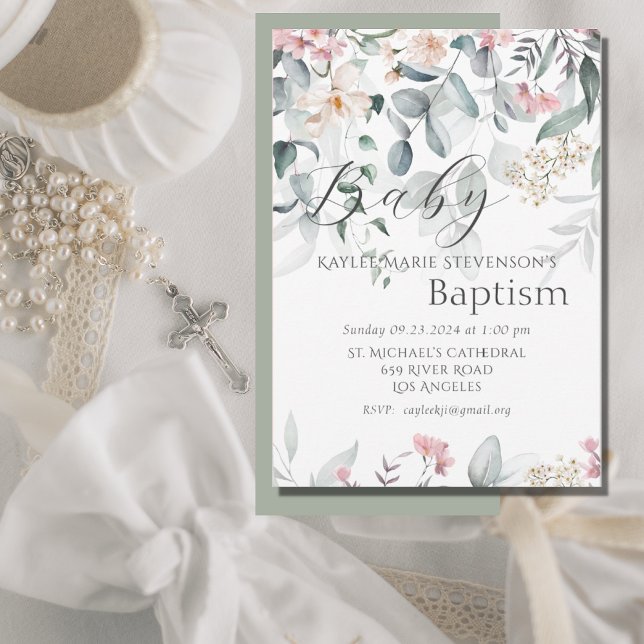 Green Floral Baby Baptism Invitation (Creator Uploaded)