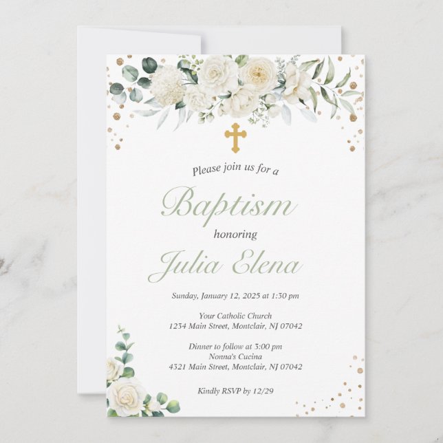 Green Floral Baptism Invitation (Front)
