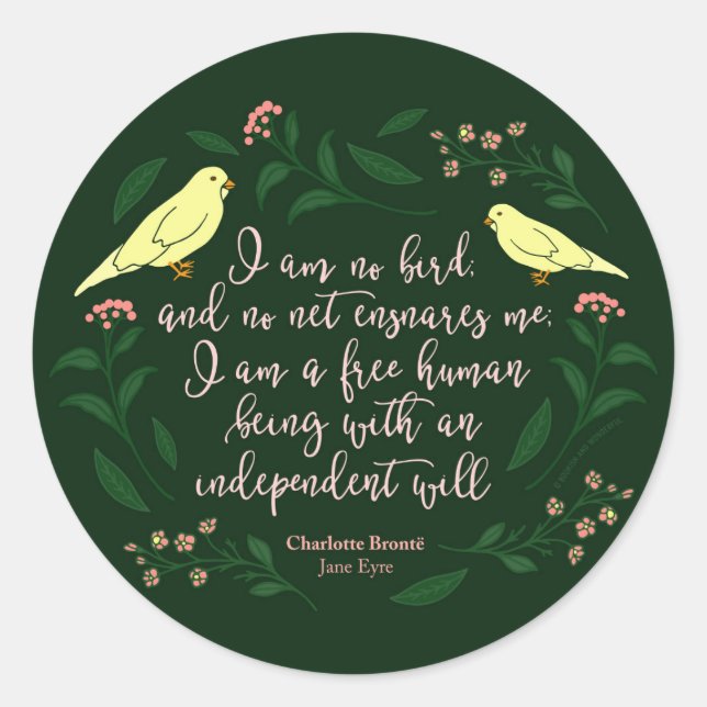 Green Floral Bird Charlotte Bronte Jane Eyre Quote Classic Round Sticker (Front)