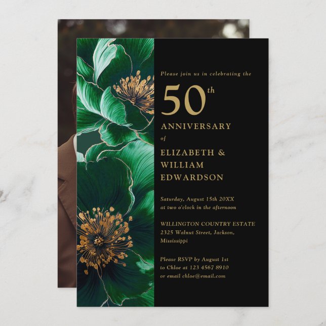 Green Floral Black And Gold 50th Anniversary Photo Invitation (Front/Back)