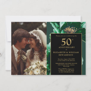 Green Floral Black And Gold 50th Anniversary Photo Invitation