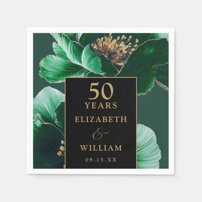 Green Floral Black And Gold Chic 50th Anniversary Napkin (Front)
