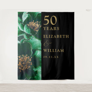 Green Floral Black Gold 50th Anniversary Backdrop Tapestry