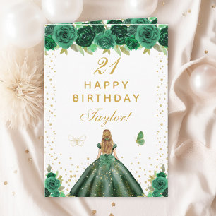Green Floral Blonde Hair Girl Happy Birthday Card
